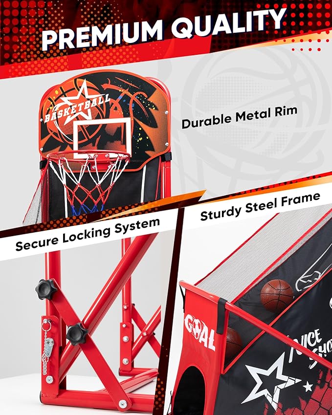 Basketball Arcade Game for Kids: Foldable Basketball Hoop Set with Soccer Goal- Portable Indoor Outdoor Sports Play Toy- Gift for Ages 3-12 Boys Girls- Air Pump and 3 Balls Included