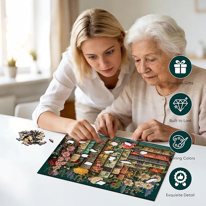 BODHIPNJOY Wooden Puzzles for Adults, Mother's Day Puzzles, Books Jigsaw Puzzles, Wildflowers Book Vintage Unique Plant Art Puzzle Family Challenging Games for Seniors Adults 200 Piece 11.8 * 8.9 in