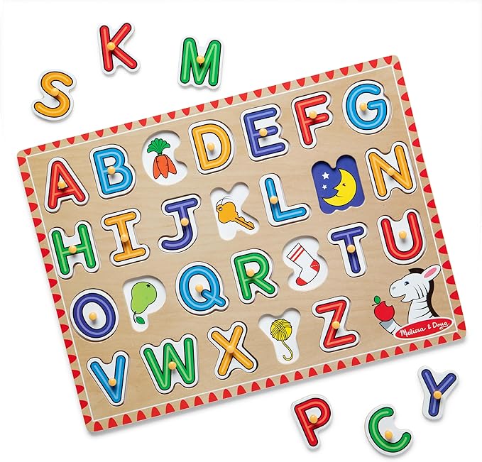 Melissa & Doug Lift & See Alphabet Wooden Peg Puzzle (26 pcs) Toddler and Preschool Puzzles for Ages 1+ - FSC-Certified Materials