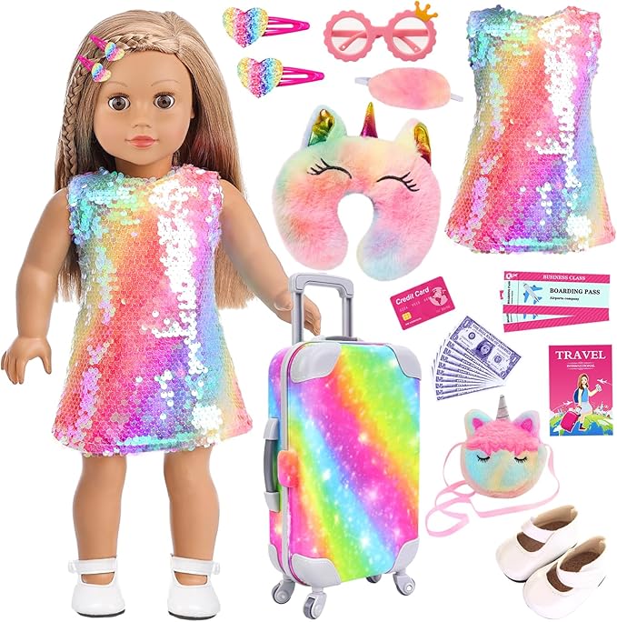 K.T. Fancy 23 Pcs American 18 Inch Doll Clothes & Accessories, Cute Doll Suitcase Set with Sequined Dress, Sunglasses, Unicorn Bag, Shoes