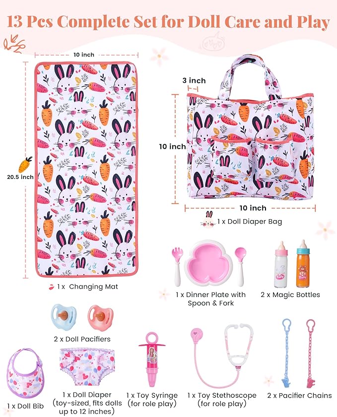 BABESIDE Baby Doll Diaper Bag Set, Portable Storage with Cute Print, Perfect for Pretend Play & Role Play for Girls, Fits 15–20 Inch Dolls with Changing Mat（Doll Not Included）
