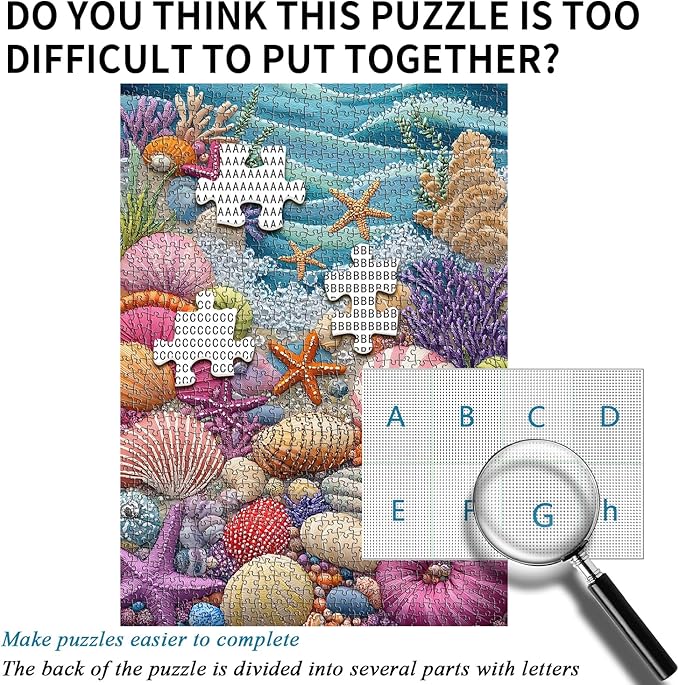 PICKFORU Beach Puzzles for Adults 1000 Pieces, Colorful Seashells Puzzle Sea Coral Starfish，Impossible Ocean Jigsaw Puzzles as Home Art