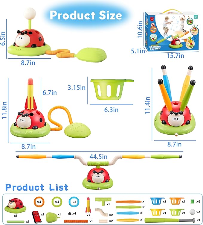 5 in 1 Musical Jump, Bean Bag Toss Ring Game, Baseball Toys and Stomping Launch Rocket Launcher for Kids Remote Control Indoor Outdoor Sports Toys for Kids Ages 4-8 3-5 Birthday Easter Gifts