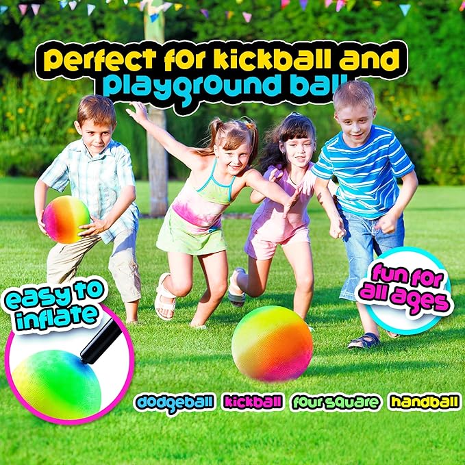 Rainbow Playground Balls - 8.5 Inch (Pack of 4) Rubber Bouncy Colorful Inflatable Balls for Kids and Adults, Indoor & Outdoor Games, Kickball, Dodgeball, Four Square, Dodge, Recess, Handball