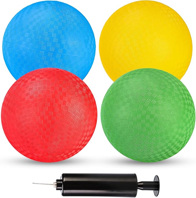 Kickball Set, 8.5 Inch Playground Ball, 4 Pcs Dodgeball Kickballs with 1 Pump, Rubber Kick Balls for Kids Adults Outdoor, Official Size Bouncing Hand Balls for Camps and Schools (8.5 Inch)
