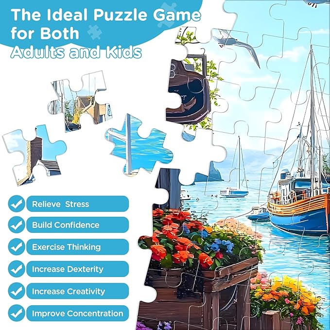 500 Piece Puzzle for Adults, Charming Coastal Village 500 Pieces Jigsaw Puzzles, Seaside Harbor with Cat Puzzle, Perfect for Family Game Night, Ideal Gift for Adults Seniors, 20.5 x 15 in