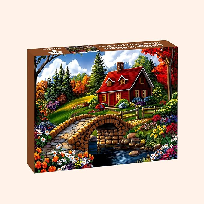 Puzzles for Adults 500 Pieces, Nature Landscape Jigsaw Puzzles - Cottage in Bloom, Impossible Nature Landscape Puzzle for Seniors Families, 20.47x14.96 Inches, 1:1 Poster, Letter On The Back