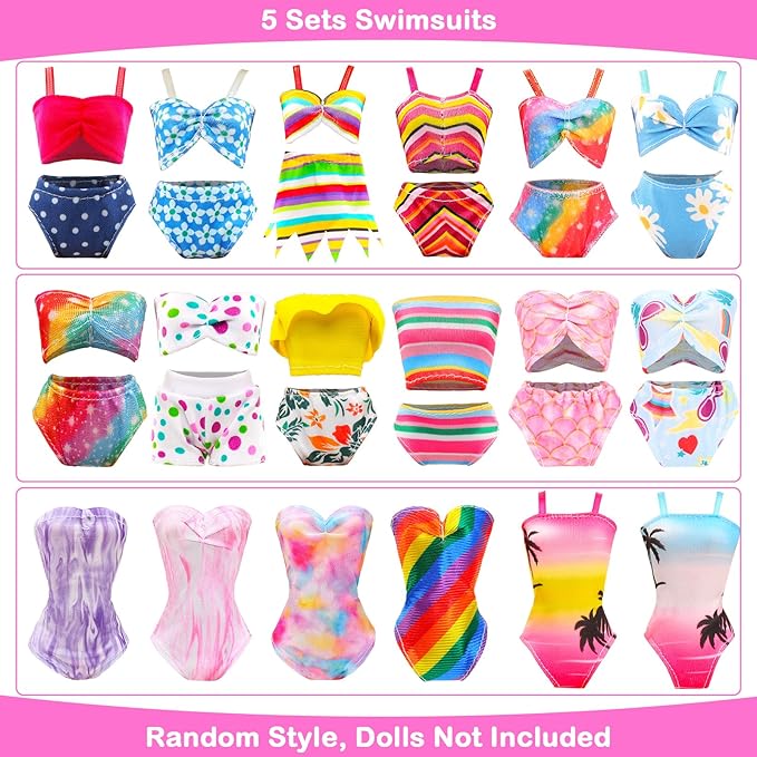 Lot 25 Pack Doll Bathing Suits Pool Accessories Set for 11.5 inch Girl Dolls - 6 pcs Swimsuits, 2 Pool Floaties, 4 Sunglasses, 8 Shoes, 1 Beach Chair, 1 Beach Towel and 3 Accessories