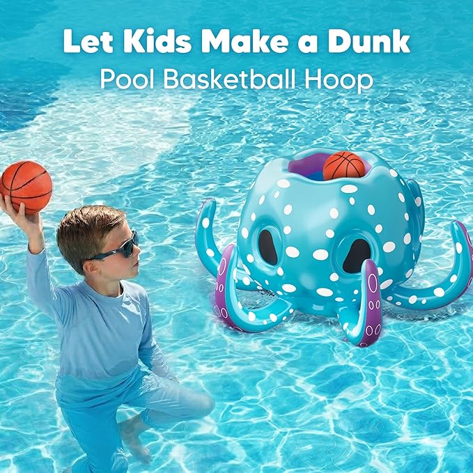 Funscape Octopus Pool Toys, 2-in-1 Inflatable Floating Pool Game, Basketball Hoop & Ring Toss Water Game, Outdoor Summer Beach Backyard Play, Cool Family Party Gift 3 4 5 6 7 8 Year Old Boy Girl Child