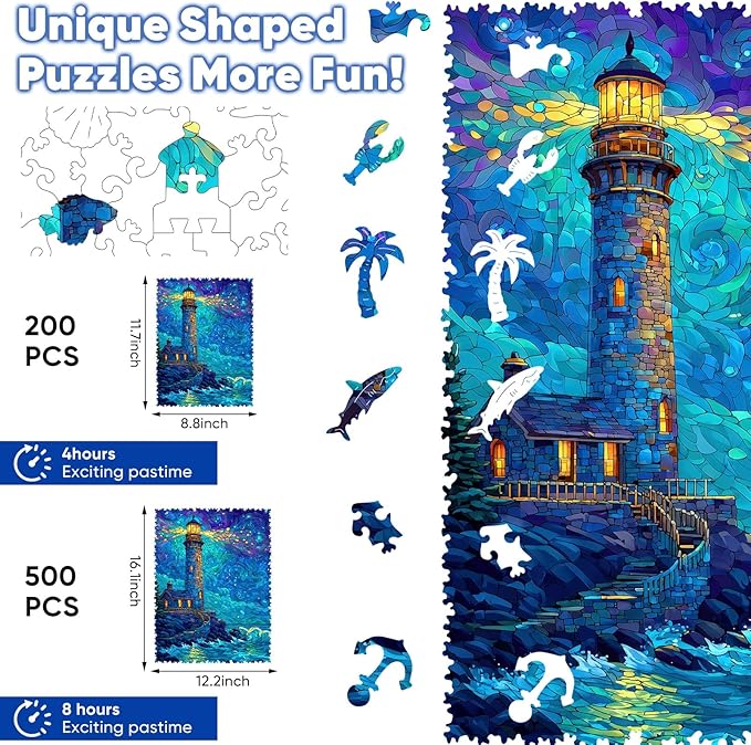 Leodozzio Lighthouse Wooden Jigsaw Puzzles 500 Pieces, Stained Glass Puzzle, 5MM Thick Unique Shaped Ocean Wooden Puzzle for Adults, Nautical Art Gift, Family Game, 12.2x16.1 Inch