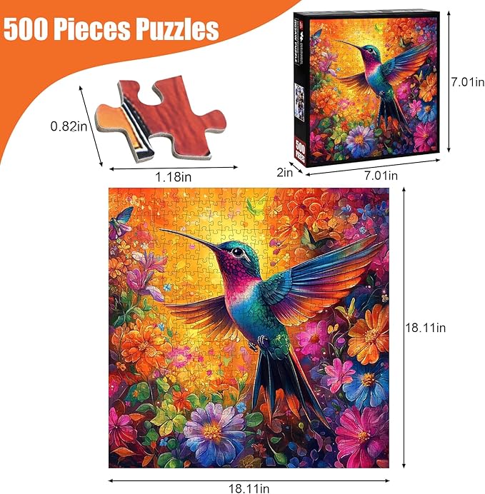 Hummingbird Puzzles for Adults 500 Pieces - Vibrant Flower Humming Bird Jigsaw Puzzles, Beautiful Hummingbird Floral Puzzle with Letters on Back, Challenging Hard Difficult Bird Art Puzzle Games Gift