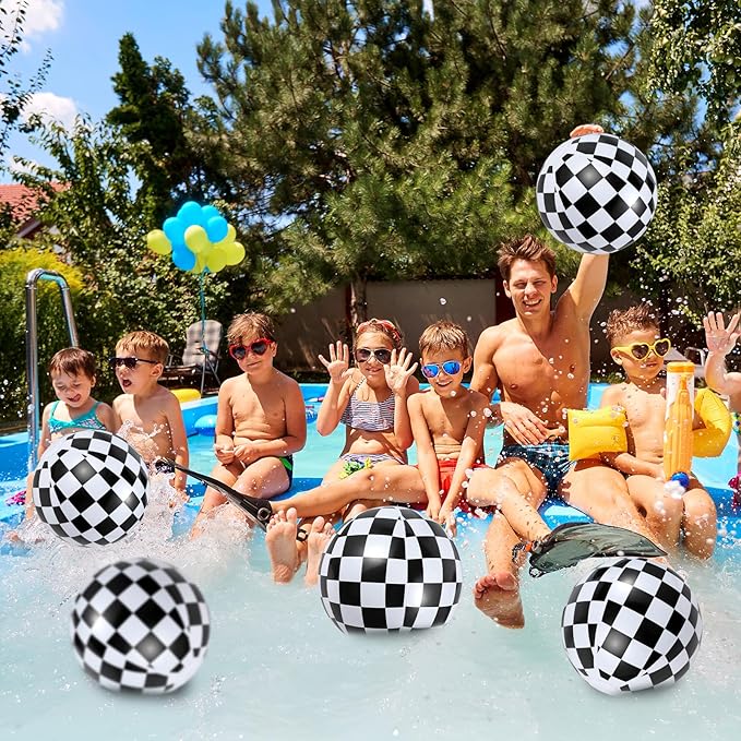 12 Pcs Black and White Checkered Flag Themed Beach Balls, Bulk 7.87” Inflatable Race Car Beach Balls for Kids Summer Pool and Beach Car Themed Birthday Party Favors Supplies Decorations