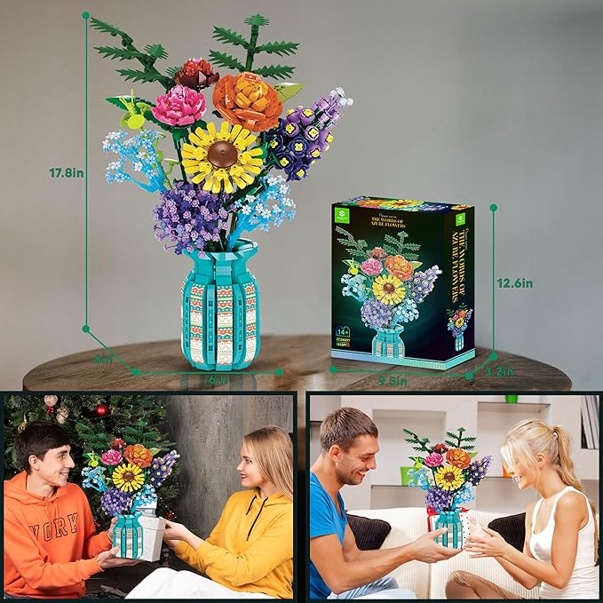 Flowers Bouquet Toys Building Blocks Set with Vase, Roses, Sunflower, Hyacinth, Hydrangea, Artificial Plants for Adults, Teen Girls, Home, Office Decor- 1853pcs