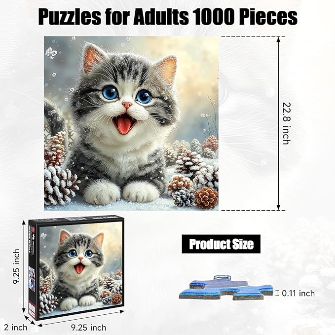 Cute Snowy Cat Puzzles for Adults 1000 Pieces, Winter Snowy Kitten Animal Jigsaw Puzzle with Letters on Back, 22.8X 22.8 Inch Wall Art, Relaxing Family Game, Easter