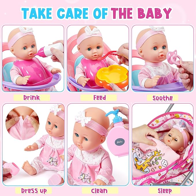Golray 12 in Baby Doll Toys Set with Stroller for 3 4 5 6 Year Old Girl - 26pcs Babydoll with Accessories Quilt Pillow/Highchair/2 Clothes, Feeding Nursing Pretend Play Toddler Girl Toy Gift 3-5-7