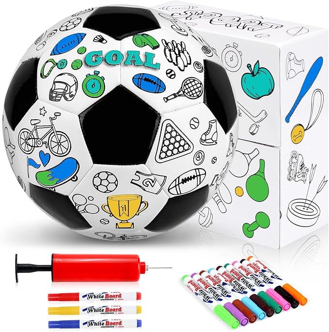 Size 5 Color Your Own Soccer Ball Black DIY Custom Craft Kit with Pump 12 Markers Personalized Youth Toddler Training Paint Your Own Toy Creative Gift for Kids (Black Soccer Ball, 5)