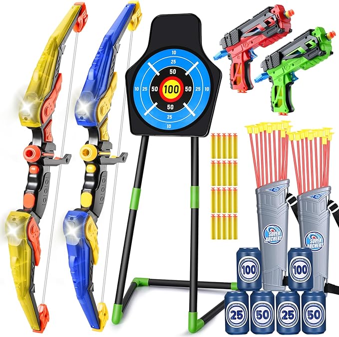 2 Pack Bow and Arrow Toy : Sports Toys for 5 6 7 8 9 10 11 12 Year Old Boys | with 24 Suction Cup Arrows, 1 Standing Target, 6 Score Targets & 2 Quiver | Indoor Outdoor Sport Gifts for Ages 4-8 8-12