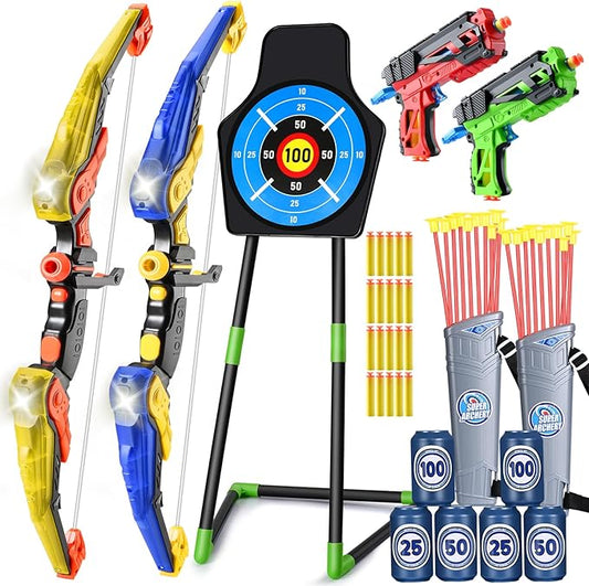 2 Pack Bow and Arrow Toy : Sports Toys for 5 6 7 8 9 10 11 12 Year Old Boys | with 24 Suction Cup Arrows, 1 Standing Target, 6 Score Targets & 2 Quiver | Indoor Outdoor Sport Gifts for Ages 4-8 8-12