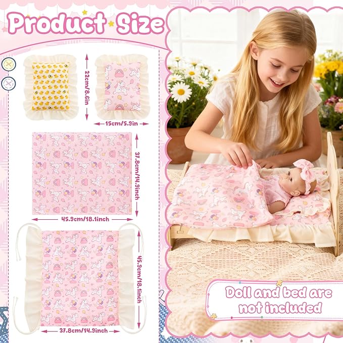 Halloscume 6 Set 18 Inch Doll Bedding Accessories Set, Included Comforter, Mattress, Pillow Cute Accessories- Fits 18 Doll Beds, Bunkbeds, Cribs and Cradles, Featuring Pretty Lace and a Securing Cord