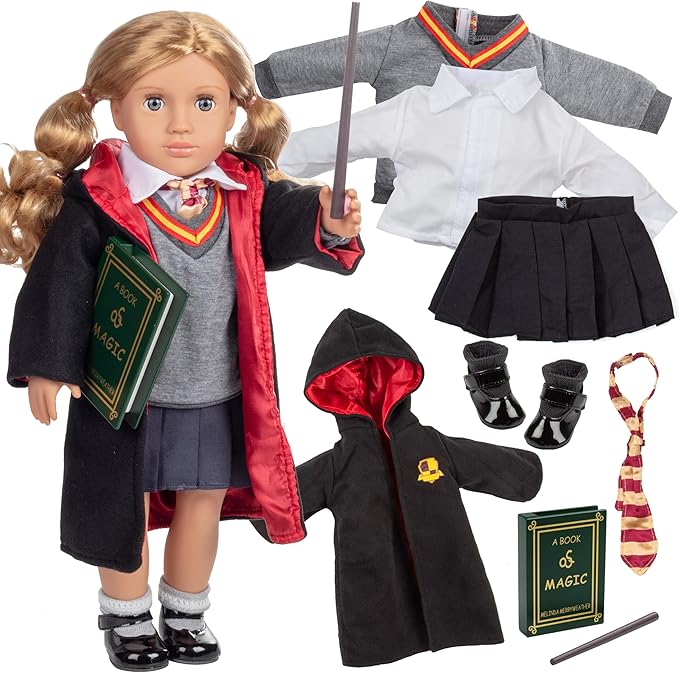Deluxe 11pc Hermione Granger Inspired 18" Doll Outfit-Compatible w American Girl Outfit & Accessories Set w Robe, Wand, Book, Sweater, Shirt, Skirt, Socks, Shoes & Tie- Perfect Easter Basket Stuffer