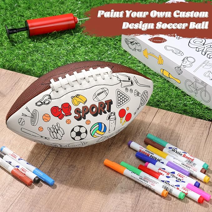 Size 6 Color Your Own Football Brown DIY Custom Craft Kit with Pump 12 Markers Personalized Youth Toddler Training Paint Your Own Toy Creative Gift for Kids (Brown Foorball, 6)