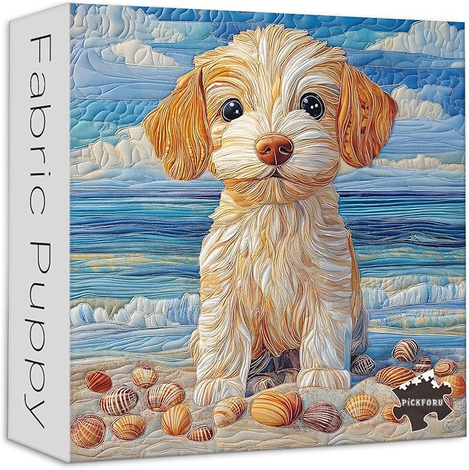 Beach Dog Puzzles 1000 Pieces for Adults, PICKFORU Fabric Art Patchwork Quilt Jigsaw Puzzles, Summer Seaside Puppy Theme as Home Decor