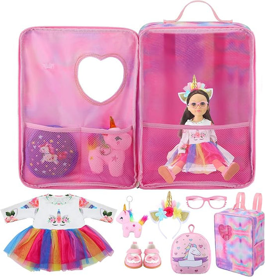 Wettarn 18 Inch Doll Carrier Set with Clothes and Accessories Including Doll Travel Bag, Dress, Shoes, Sunglasses, Backpack and Unicorn for Unicorn Birthday Gift(Pink)
