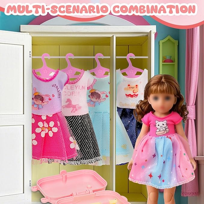 43 Pcs 18 Dresses and Accessories Mini Bunk Bed Travel Suitcase with 2 Pillows, 10 Hangers,1 Sunglasses, 1Headset, Pink Computer Set