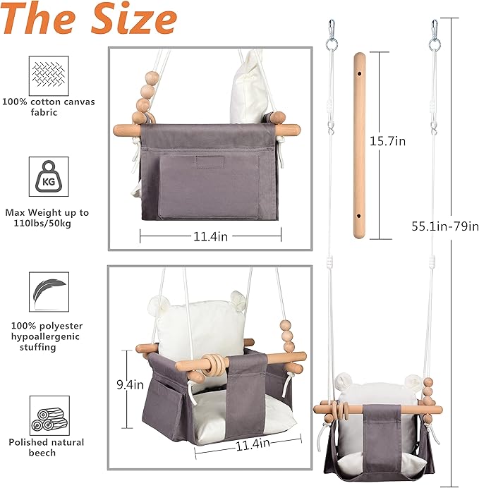 Canvas Baby Hanging Swing Baby Hammock Swings with 2 Side Pockets Safety Belt & Cotton Cushion Seat Infant Baby Swing Fabric Toddler Porch Swing Outside Hanging Baby Tree Swingoor Swings