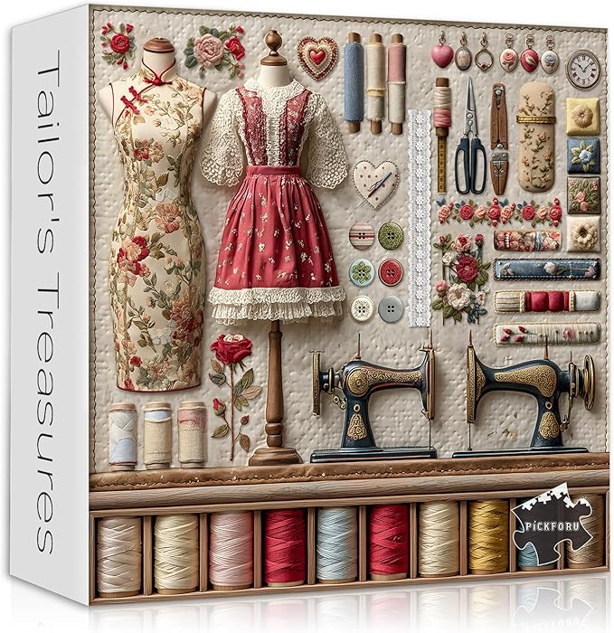 Vintage Sewing Machine Puzzles for Adults 1000 Pieces, PICKFORU Floral Puzzle with Buttons Plant Embroidery Dress, Aesthetic Art Quilt Challenge Jigsaw Puzzle Collage