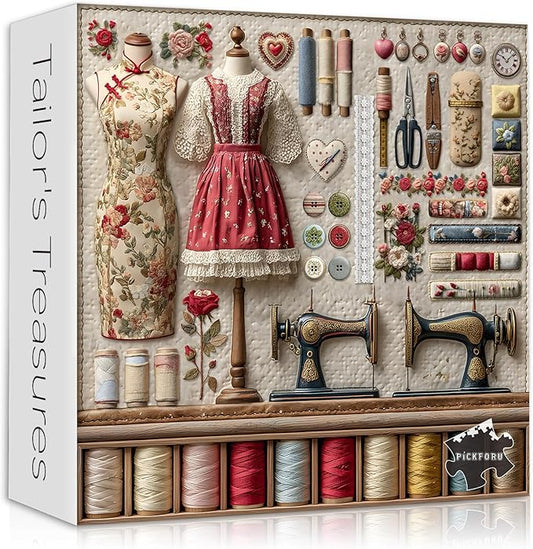 Vintage Sewing Machine Puzzles for Adults 1000 Pieces, PICKFORU Floral Puzzle with Buttons Plant Embroidery Dress, Aesthetic Art Quilt Challenge Jigsaw Puzzle Collage