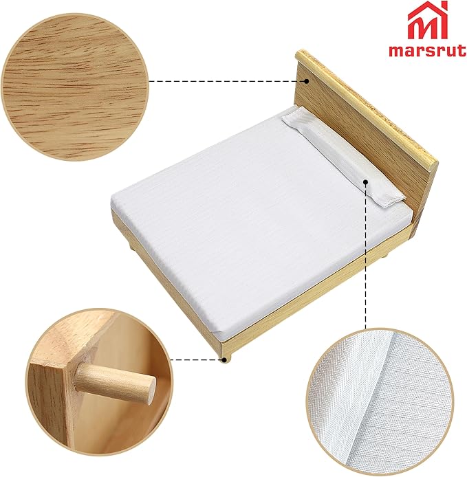 Doll House Bed Miniature 1:12 Dollhouse Bedroom Furniture for 6 Inch Dolls Wooden Single Beds with Bedding Fabric, 1/12 Scale Vintage Victorian Mini Accessory DIY Scene Decoration Home Props Modern