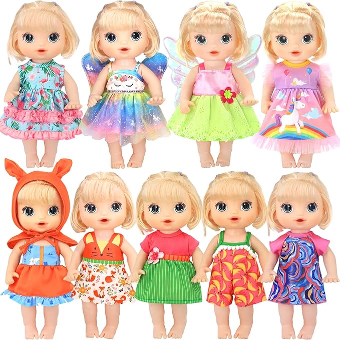 ECORELF 9 Sets Alive Baby Doll Clothes, Doll Clothes for 10-12 Inch Girl Dolls,12 Inch Baby Doll Dress Outfits Accessories Set Include Cute Jumpsuit, Skirts