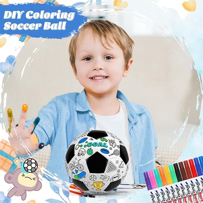 Size 3 Color Your Own Soccer Ball Black DIY Custom Craft Kit with Pump 12 Markers Personalized Youth Toddler Training Paint Your Own Toy Creative Gift for Kids (Black Soccer Ball, 3)