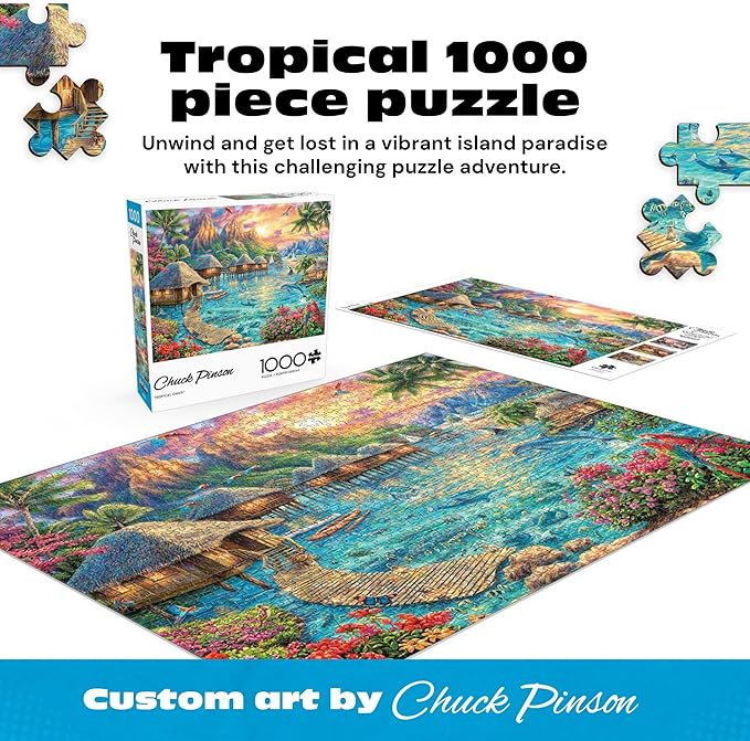 Buffalo Games - Puzzles for Adults 1000 Pieces Chuck Pinson Tropical Oasis 1000 Piece Jigsaw Puzzle, Made in USA, Full-Color Poster, Recycled Premium Board