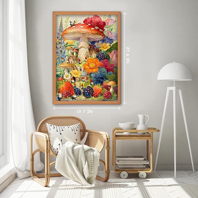 Gnome Mushroom Puzzles for Adults 1000 Pieces, Colorful Magical Floral Garden Village Jigsaw Puzzle, Fantasy Gnome House Flower Fruits Puzzle, Spring Nature Plant Challenging for Adults