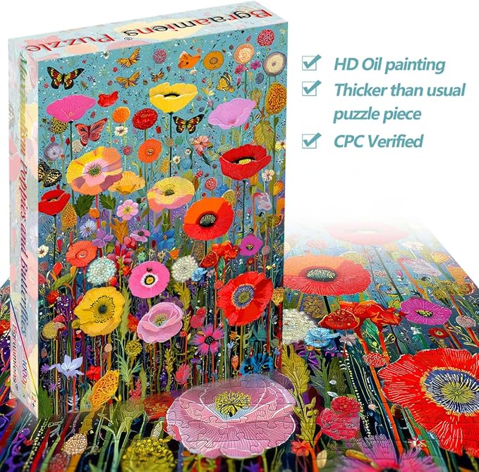 Bgraamiens 1000 Piece Jigsaw Puzzles for Adults – Maximalism Poppies and Butterflies – Bold Floral Arrangement with Vibrant Insects – Challenging Nature-Themed Gift