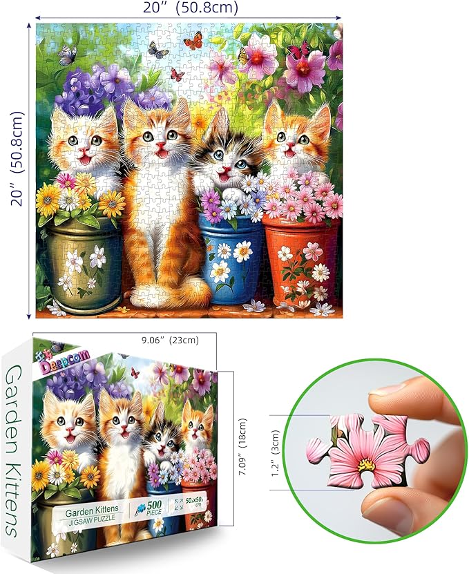 500 Piece Cat Jigsaw Puzzle for Adults - Cute Kittens in Flower Garden with Butterflies, Whimsical Cat Puzzle (20"x20")