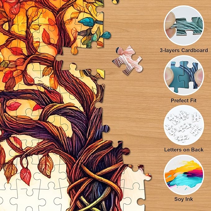 Tree of Life Puzzles for Adults 1000 Pieces - Stained Glass Jigsaw Puzzle with 3D Visual Effect, Challenging Colorful Mosaic Puzzle with Letters on Back, Challenging Hard Difficult Round Puzzles Games