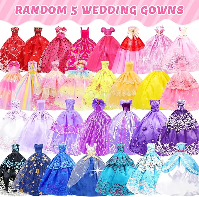 100 Pcs Doll Clothes and Accessories - 5 Wedding Gowns 10 Slip Dresses 2 Fashion Dresses 2 Tops 2 Pants 2 Bikini Swimsuits 10 Shoes and Accessories for 11.5 inch Dolls,Doll Dress up Toys for Girl Gift