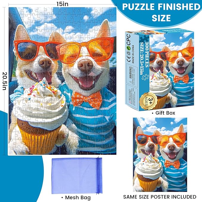 300 Piece Puzzles for Adults,Cute Puppy Jigsaw Puzzle for Adults Kids Seniors,Recycled Cardboard Selfie Puppy Piece Puzzle 300 Piece,Family Activity Great Gift for Family Friends 20.5 * 15 in