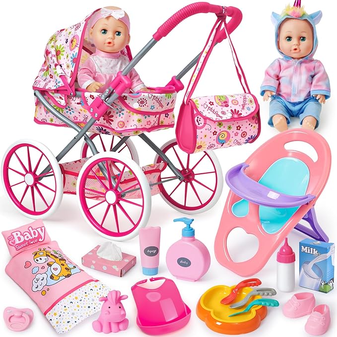 Golray 12 in Baby Doll Toys Set with Stroller for 3 4 5 6 Year Old Girl - 26pcs Babydoll with Accessories Quilt Pillow/Highchair/2 Clothes, Feeding Nursing Pretend Play Toddler Girl Toy Gift 3-5-7