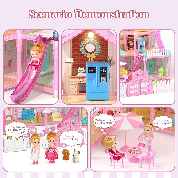 Doll House for Girls with Lights, 3 Dolls, 4 Floors -13 Rooms, 7 Sets of Furniture and Accessories, Design and Build Gift for 3 4 5 6 7 8+ Year Old Girls
