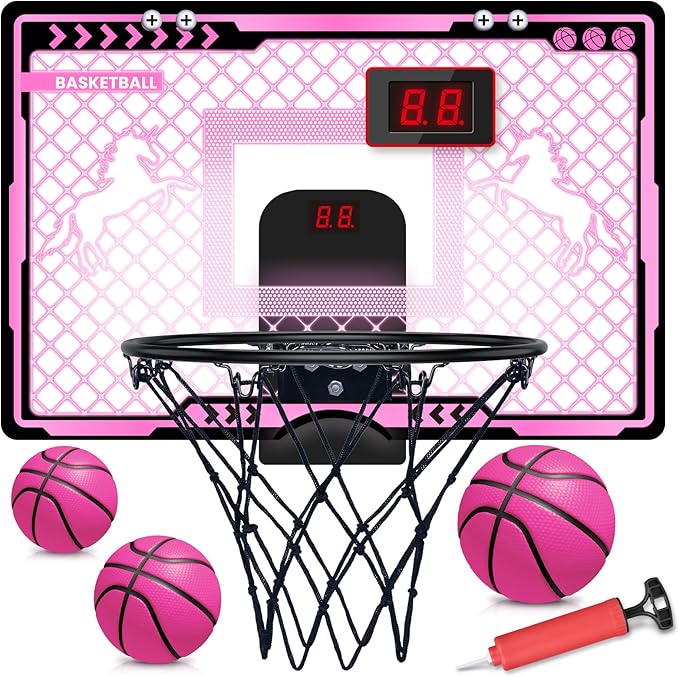 Basketball Hoop Indoor Kids Girls Pink - Mini Over The Door Basketball Hoops with Electronic Scoreboard Toys & 3 Balls, Unicorn Birthday Gifts Age 5 6 7 8 9 10 11 12 Year Old Girls