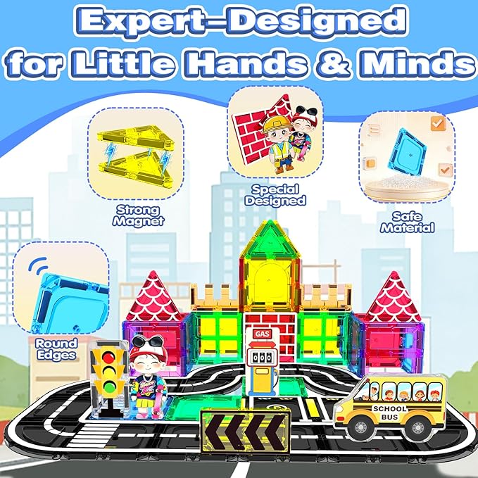 Magnetic Tiles Road Set 100Pcs- Magnetic Building Blocks for Kids Ages 3-5 and 4-8, Preschool STEM Sensory Toys for Toddlers 3-5, Educational Construction Gift for Boys & Girls Birthday Christmas