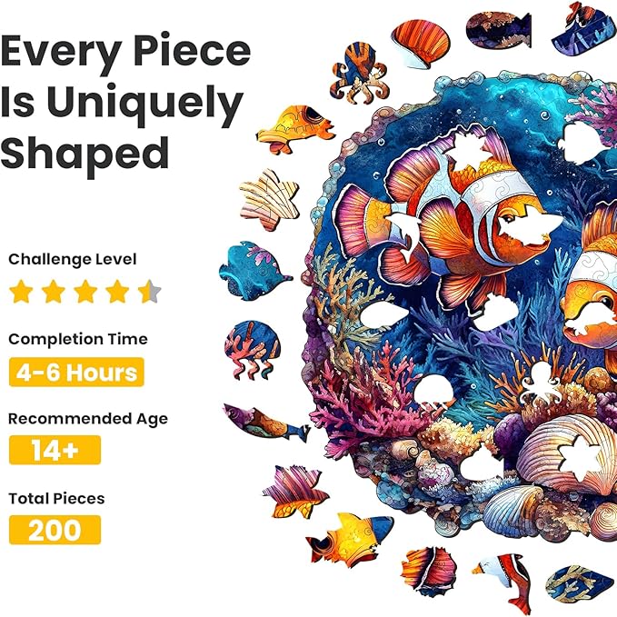 NiArt 200PCS Ocean World Wooden Jigsaw Puzzle for Adults, 11.1 * 11.2 Inch Precision Laser-Cut Pieces, Fun and Relaxing Home Decor Puzzle for Family Bonding, Stress Relief and Imagination Boost