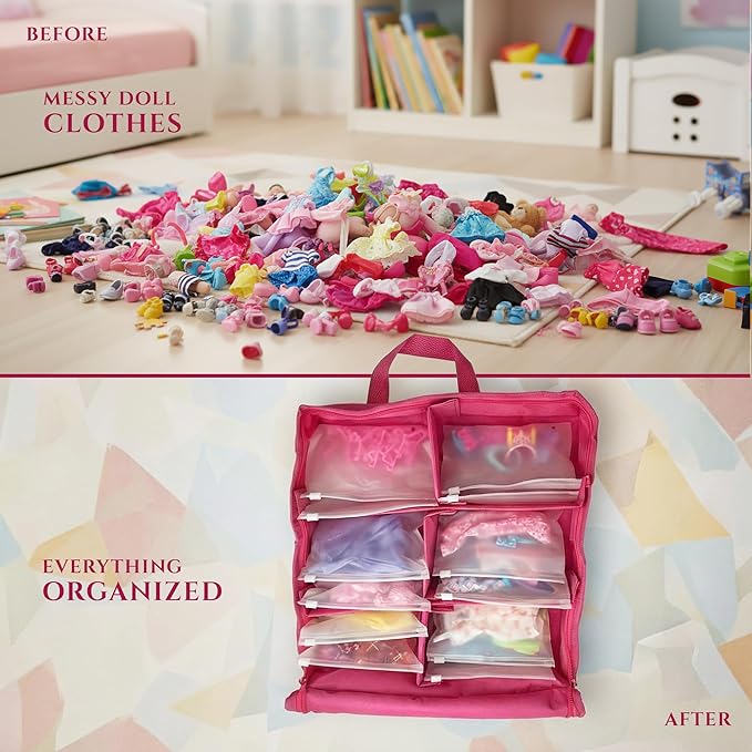 Primo Lines Doll Clothes & Accessories Storage Organizer – 3 Pink Stackable Bags with Adjustable Dividers, 100 Resealable Pouches for Doll Outfits, Shoes & Small Accessories, Waterproof & Travel-Ready