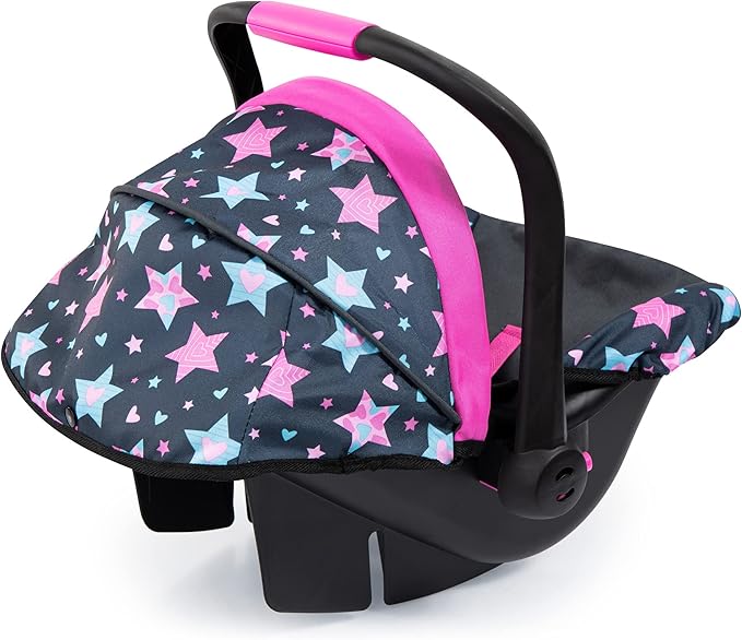 Bayer Doll Car Seat for 18 Inch Dolls, Toy Car Seat with Sun Canopy, Turquoise Pink Stars, Ages 3+