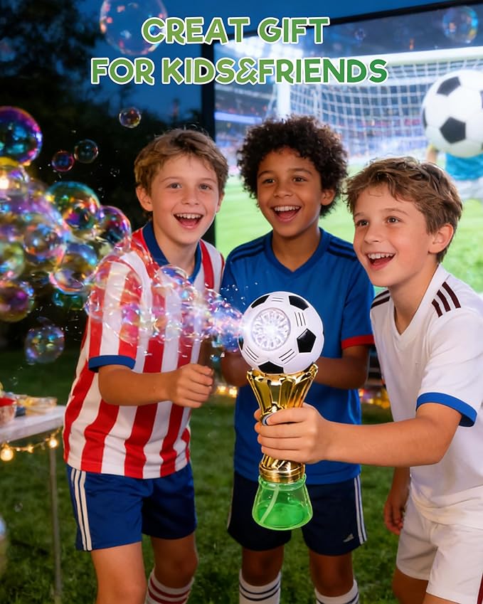 Bubble Machine for Kids – Football Trophy Shape, Automatic Bubble Gun Band with Blue LED Light, Leak-Proof, Includes Bubble Solution, Perfect Outdoor Toy for Toddlers Boys & Girls Ages 3-8