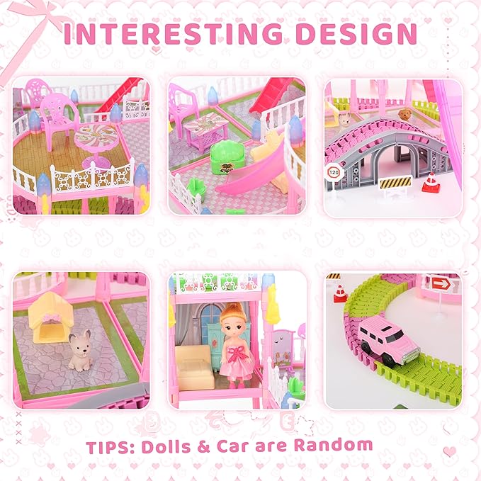 Doll House with Lights&Track Car Toy Set,Princess Dollhouse for Girls, 3 Dolls, Pets, Car, Furniture and Accessories, Design and Build Gift for 3 4 5 6 7 8+ Year Old Girls